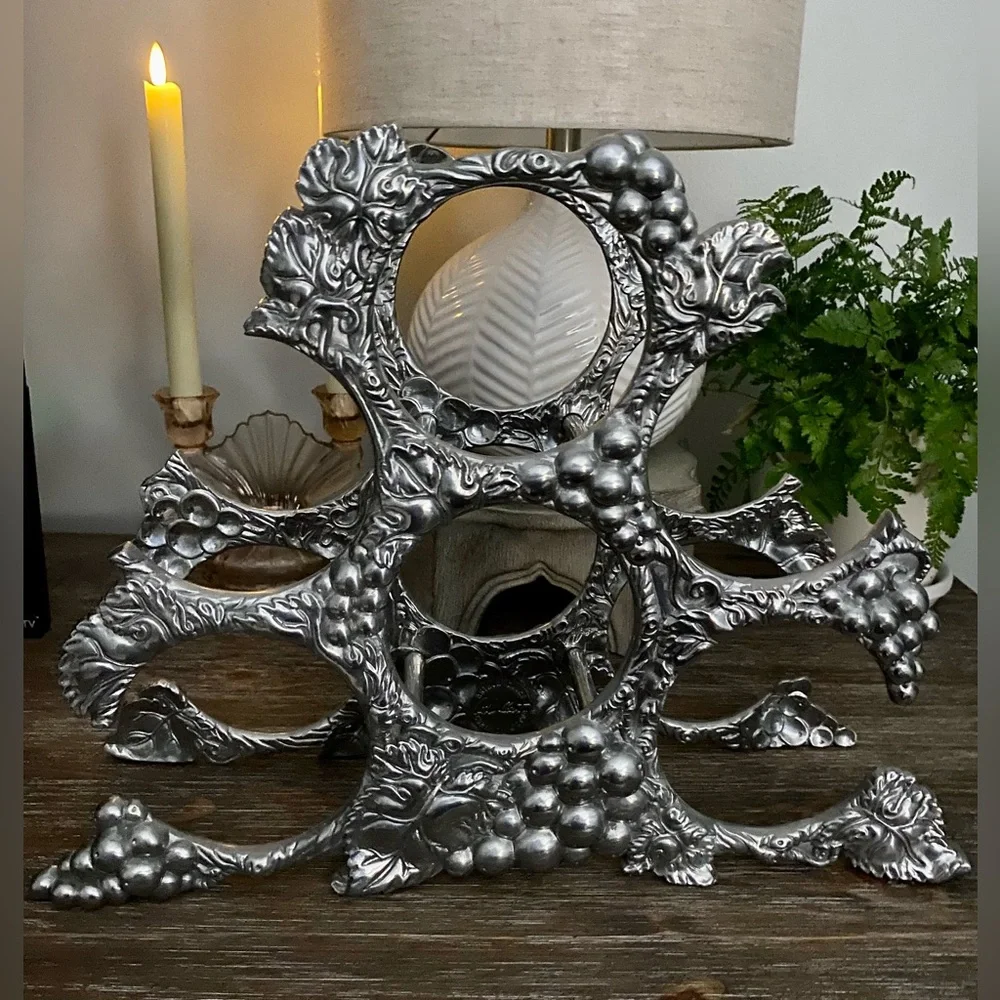 Vtg Arthur Court Wine Rack Grape Vine Cast Aluminum  Bottle Holder Silver